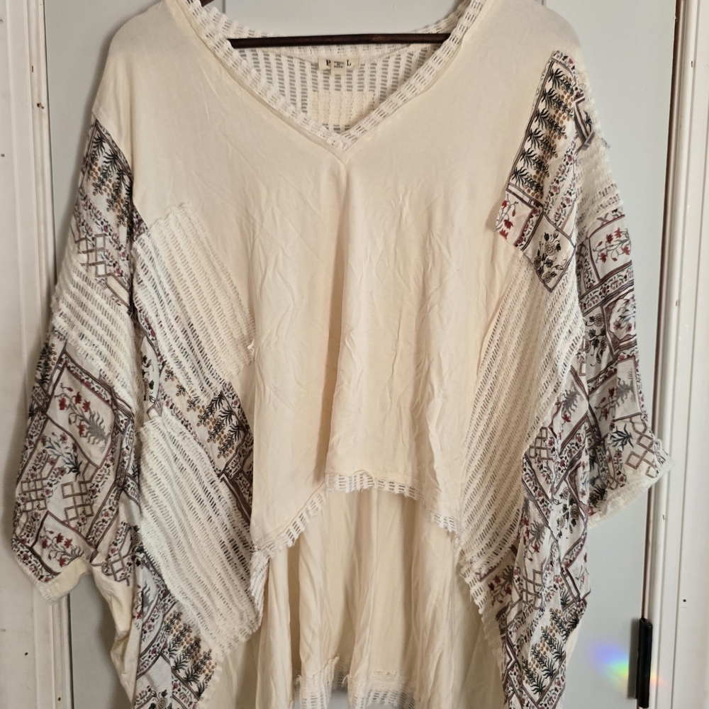 Bohemian Cream Tee with Patterned Sleeves